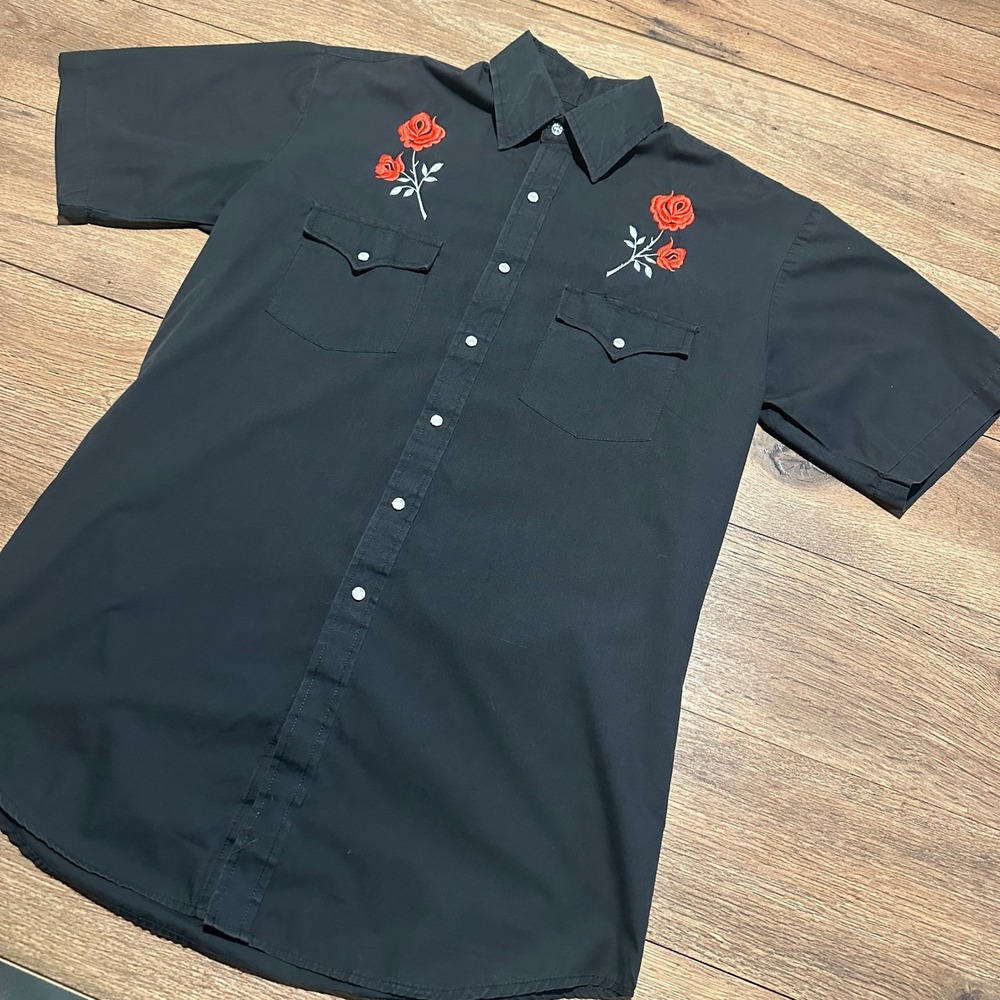 Vintage Blair Black Rose Embroidered Western Shirt Mens Small Short Sleeve Snap